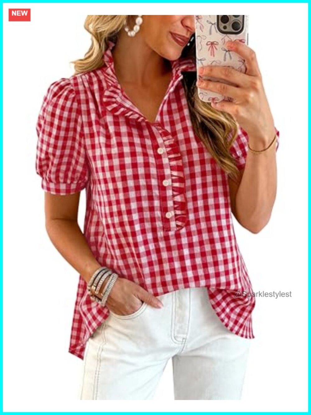 Women Puff Sleeve Striped Plaid Button Down Blouse Ruffle Collar